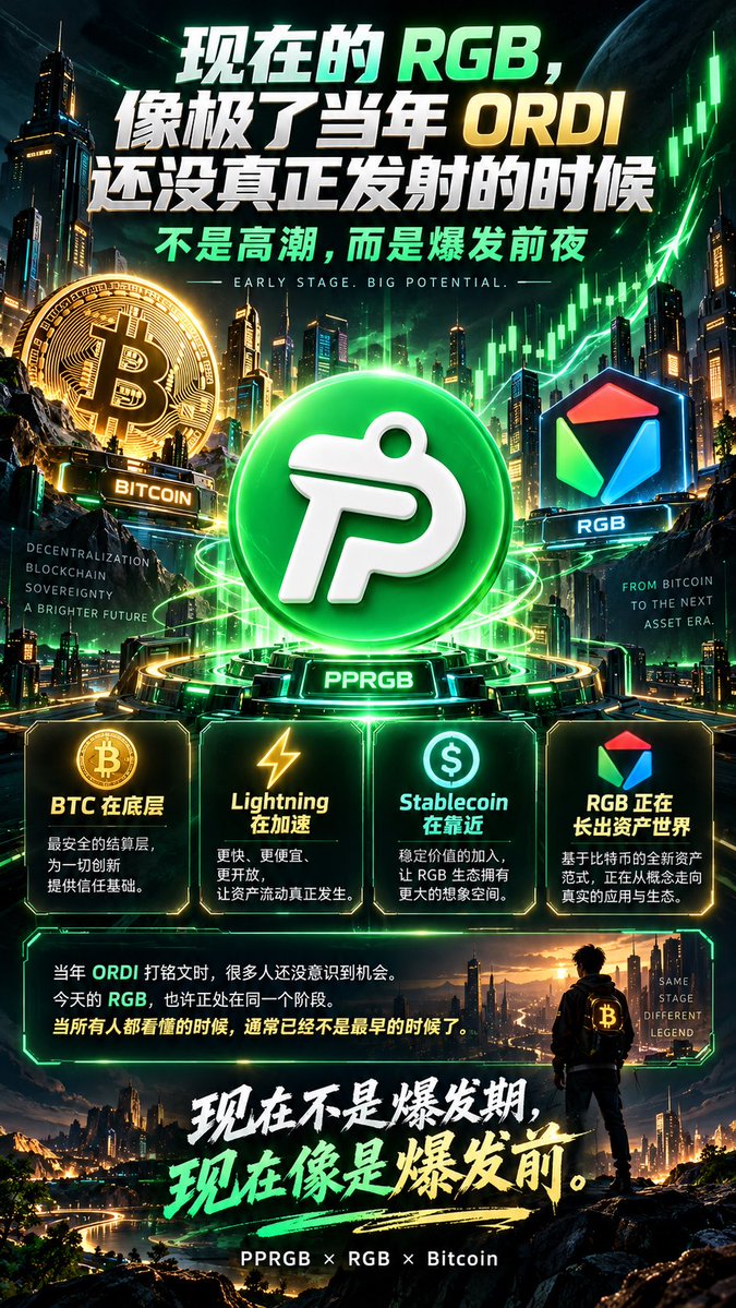 RGBchina's tweet photo. 如果把今天的 RGB 放回 Bitcoin 历史里看，
它很像当年 ORDI 还在打铭文、
市场还没有真正理解 Ordinals 的阶段。
协议先出现。
工具慢慢完善。
今天：
RGB + BTC + Lightning + Stablecoin Narrative
正在慢慢连接。
而 #PPRGB 从 2023 年就在这里。
不是追风口。
而是提前站在风口形成之前。 https://t.co/y2SlpUh71K