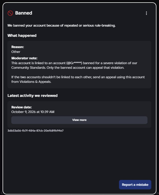 AzazelMistake's tweet photo. I used a piblic internet service at the store and my phone had my rblx tabbed in i believe thats why ive been terminated by enforcement band it keeps stacking accounts that i have no knowledge of and repeatedly terminating my account over them but they ignore me despite evidence https://t.co/UzbN6RKvqe