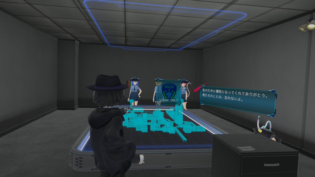 VR_arth's tweet photo. "I presented the evidence in the police station. The corruption, the lies from the higher ups, all of it. Just then a call came from those same higher ups.  They were going to completely wipe out the city! Luckily, the boss showed up in the nick of time and he has a plan" #ライ亡 https://t.co/UHl1L0JoXF