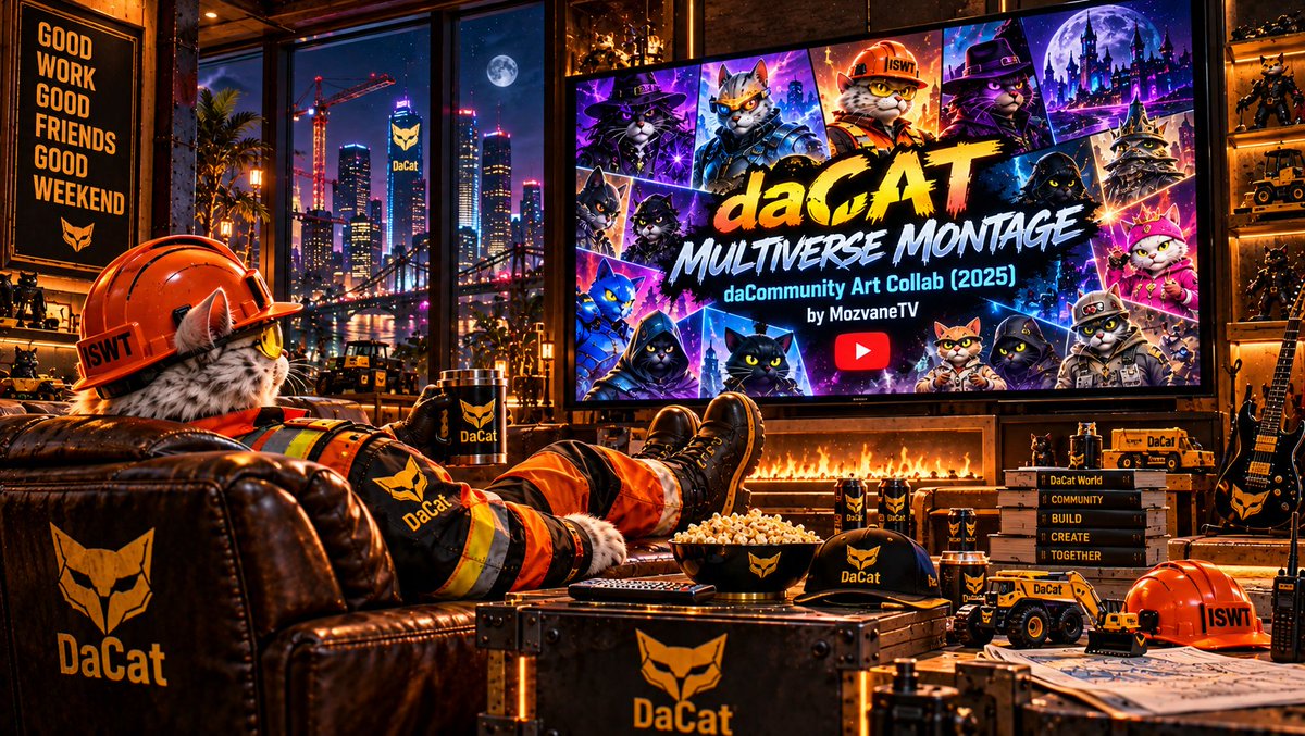 DaForemanETH's tweet photo. Shift's over. Volume's up. 🎸🌙👷‍♂️

After a day like today, DaForeman is kicking back after dark with a DaCat classic: the daCAT Multiverse Montage, a community art collab that shows what this crew can build together.

Every frame made by the community. Every beat earned. 🔥

Turn it up, crew. 🏗️🐈‍⬛
https://t.co/Zehls1U21b

Shoutout to @Mozvane for putting it together. 🙌

Industrial Strength. Work Together.

#DaCat #DaCatWorld #daCommunity #ISWT