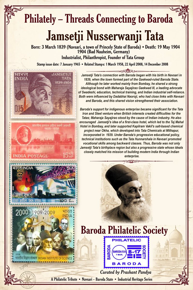 pHphilatelist's tweet photo. 𝐏𝐡𝐢𝐥𝐚𝐭𝐞𝐥𝐲 – 𝐓𝐡𝐫𝐞𝐚𝐝𝐬 𝐂𝐨𝐧𝐧𝐞𝐜𝐭𝐢𝐧𝐠 𝐭𝐨 𝐁𝐚𝐫𝐨𝐝𝐚
𝑱𝒂𝒎𝒔𝒆𝒕𝒋𝒊 𝑻𝒂𝒕𝒂
Born: 3 March 1839 (Navsari, a town of Princely State of Baroda)
Death: 19 May 1904 (Bad Nauheim)
Industrialist, Philanthropist
#JamsetjiTata #Baroda #Vadodara #BarodaState https://t.co/hdL3QpGkC1
