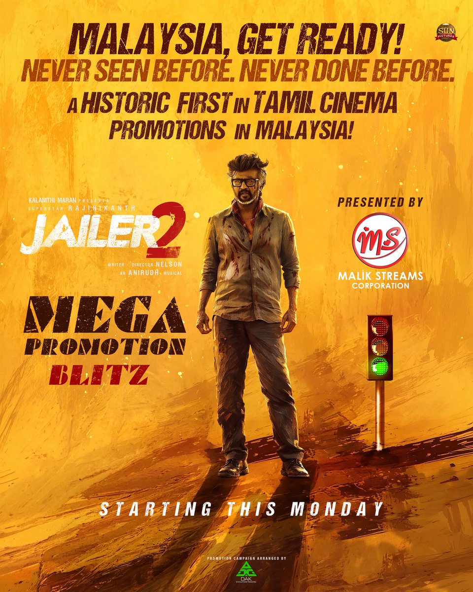 dak_evolution's tweet photo. 🔥 MALAYSIA, GET READY!
NEVER SEEN BEFORE. NEVER DONE BEFORE.
A HISTORIC FIRST IN TAMIL CINEMA PROMOTIONS IN MALAYSIA! 🏁🔥
#Jailer2 #Jailer2Promotion #Jailer2PromotionMalaysia #MalikStreamsCorporation https://t.co/WEUYuIbrUJ