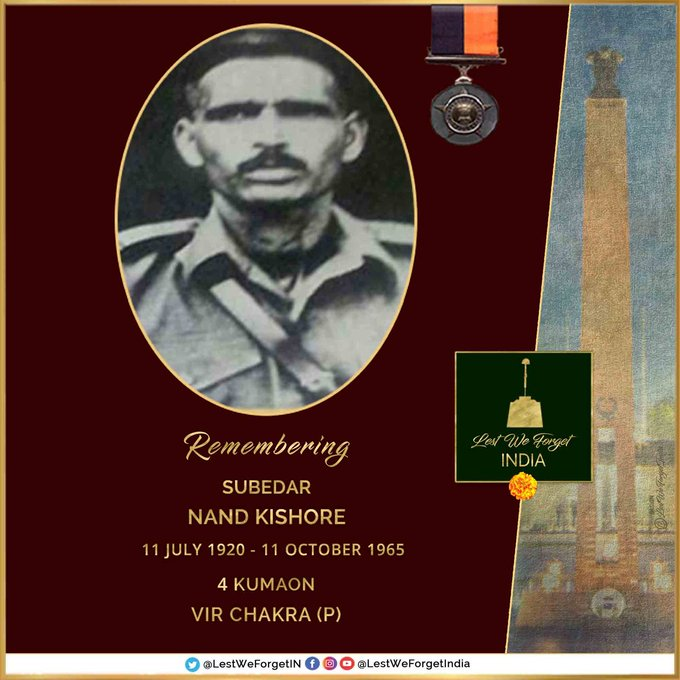 LestWeForgetIN's tweet photo. #Remembering1965

The ceasefire of 23 September 1965 wasn't the end of the conflict

#LestWeForgetIndia🇮🇳
Subedar Nand Kishore
Vir Chakra (P)
4 KUMAON

Sub Kishore ought gallanrtly till his last, #OnThisDay 11 October in 1965

The Vir Ahir #IndianBrave fended off an attack around Jura Bridge along the Ceasefire Line 🏵️