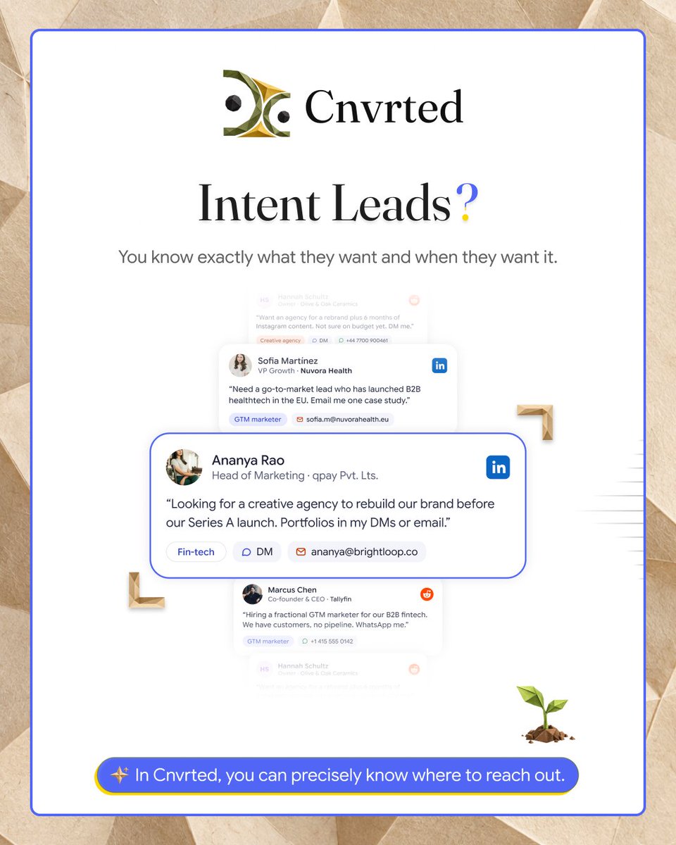 cnvrted's tweet photo. Intent lead: posted “need a better tool for this” an hour ago.

Cold lead: fits your ICP, nothing said yet.

Same email to both? Bad idea.

Cnvrted sorts them. Reach out to the first, watch the second until they warm up.

See how: https://t.co/FUgRaVn4Nx https://t.co/zW5KwIIcAT
