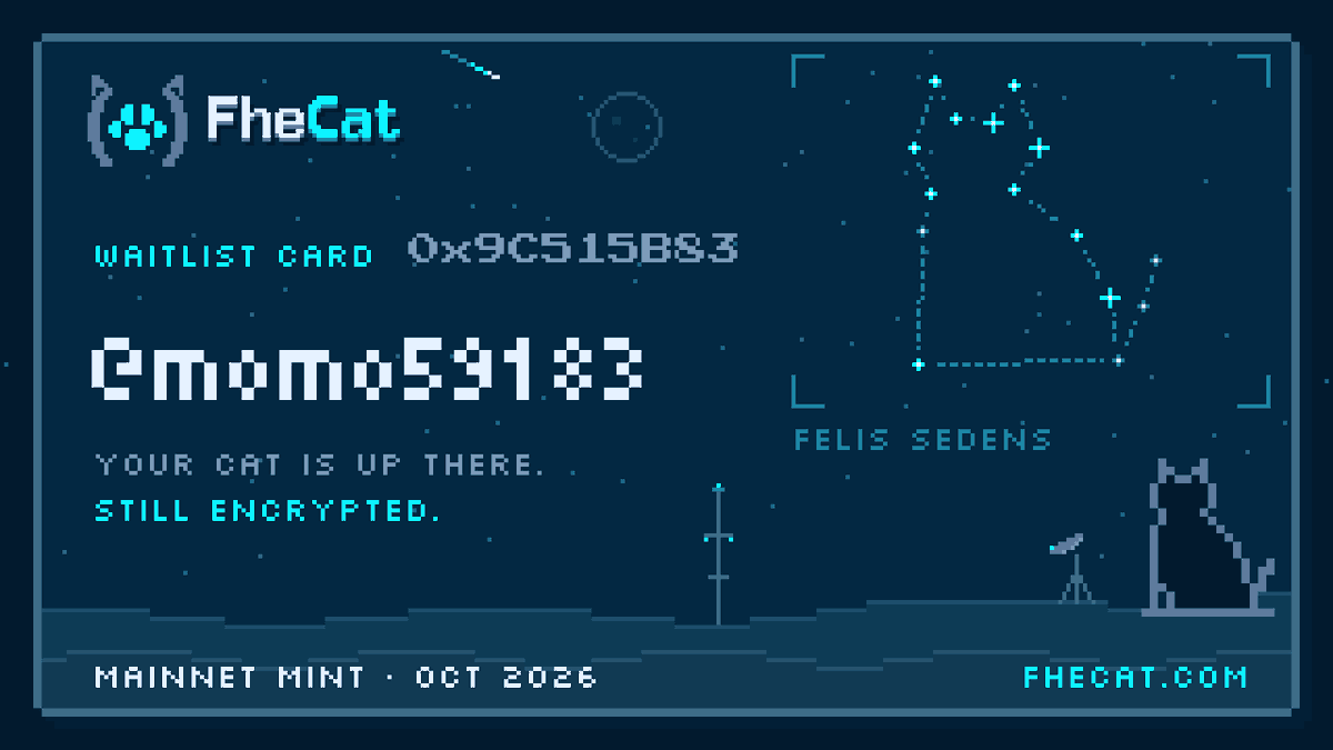 momo59183's tweet photo. My cat is still encrypted. 🔒🐾

Just joined the @FheCat waitlist, powered by @fhenix FHE. Mainnet mint in October.

https://t.co/L5jyK4YFrP https://t.co/pPuVuYLddr