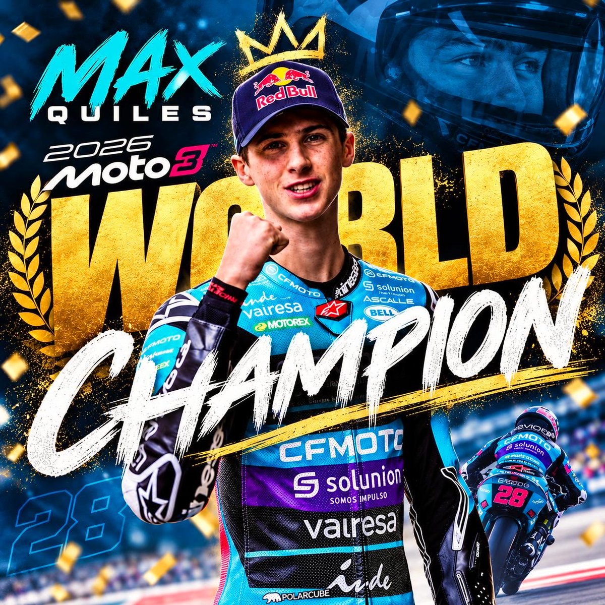cfmagindia's tweet photo. π MAX QUILES IS THE 2026 MOTO3 WORLD CHAMPION!!! ππͺπΈ
WHAT A WAY TO SEAL THE CROWN! π₯
Victory at Mandalika AND the World Championship in one glorious afternoon!
A race win. A world title. A moment heβll never forget! ππ₯
#Moto3 #IndonesianGP #MaxQuiles #MotoGP https://t.co/ooJBxOjD5w