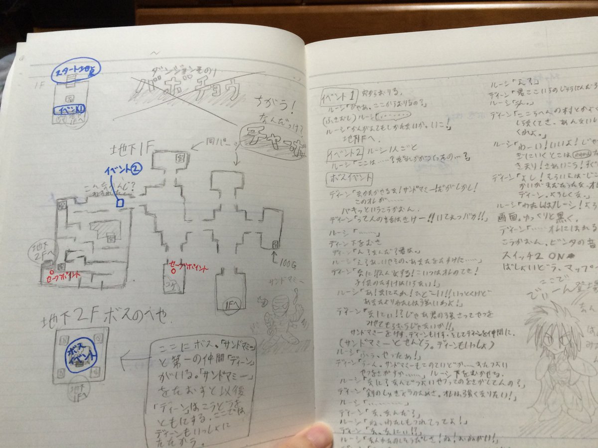 tamayan2nd's tweet photo. 約30年前、中学生の頃に書いたRPGツクール3で作ろうとしたゲームの開発資料が発掘されて、中を見てあまりの恥ずかしさにゾクゾクしてしまった。
だからあえてこれをネットに流すぜ……！ https://t.co/qQUyibfqOB
