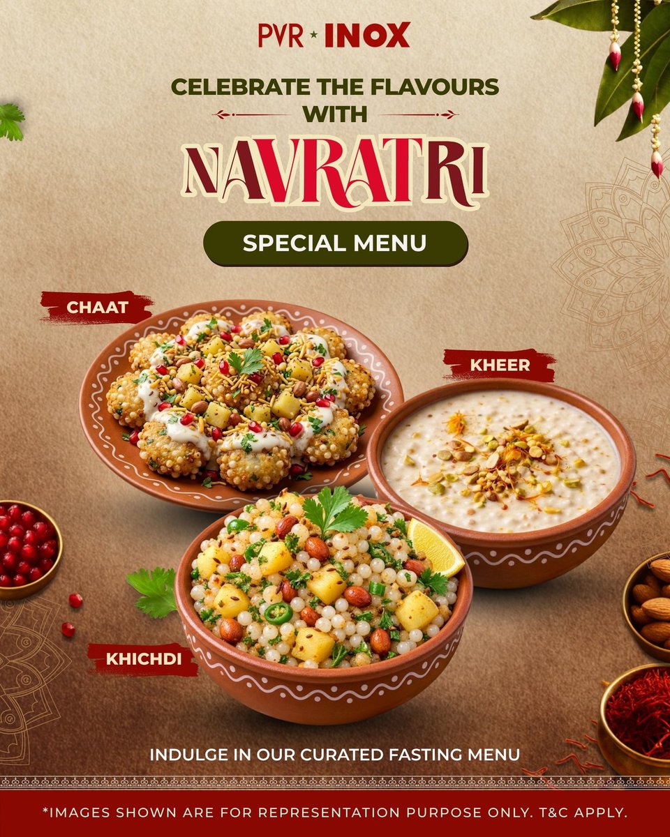 INOXMovies's tweet photo. Celebrate Navratri with a feast of festive flavours! 😋🎬
Indulge in our specially curated fasting menu, crafted to make your celebrations deliciously memorable.
Available at select cinemas.

Ticket link in bio.
.
.
.
*T&Cs Apply
#PVRINOX #NavratriMenu #Food #Chaat #Khichdi #Kheer