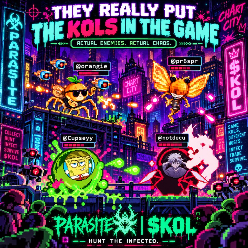ParasiteKOL's tweet photo. 🦠We've turned some of CT's biggest personalities into enemies you can actually hunt. 🎯 

9 KOLs. 9 infected targets. 1 city.
Think you can survive Chart City?

Fight. Survive. Evolve. REKT the KOLs.

CT gets to decide. 👀

@orangie @pr6spr @notdecu @Cupseyy https://t.co/ik1jz4JfVc