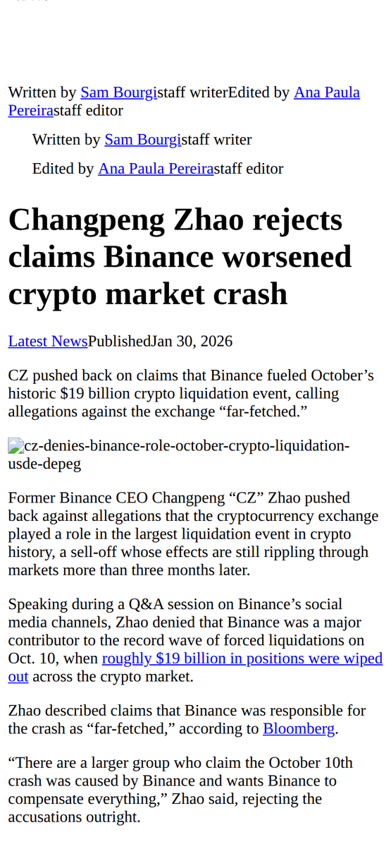 DexSwapy's tweet photo. CZ on Friday: claims Binance caused October's $19B liquidation crash are "far-fetched."

Real: he said it in a Binance Q&A, speaking as a shareholder — not for the company. Binance did pay ~$600M over its own glitches that day.

Not real: the idea Binance caused the crash. He denies it outright.

Verdict: CONFIRMED