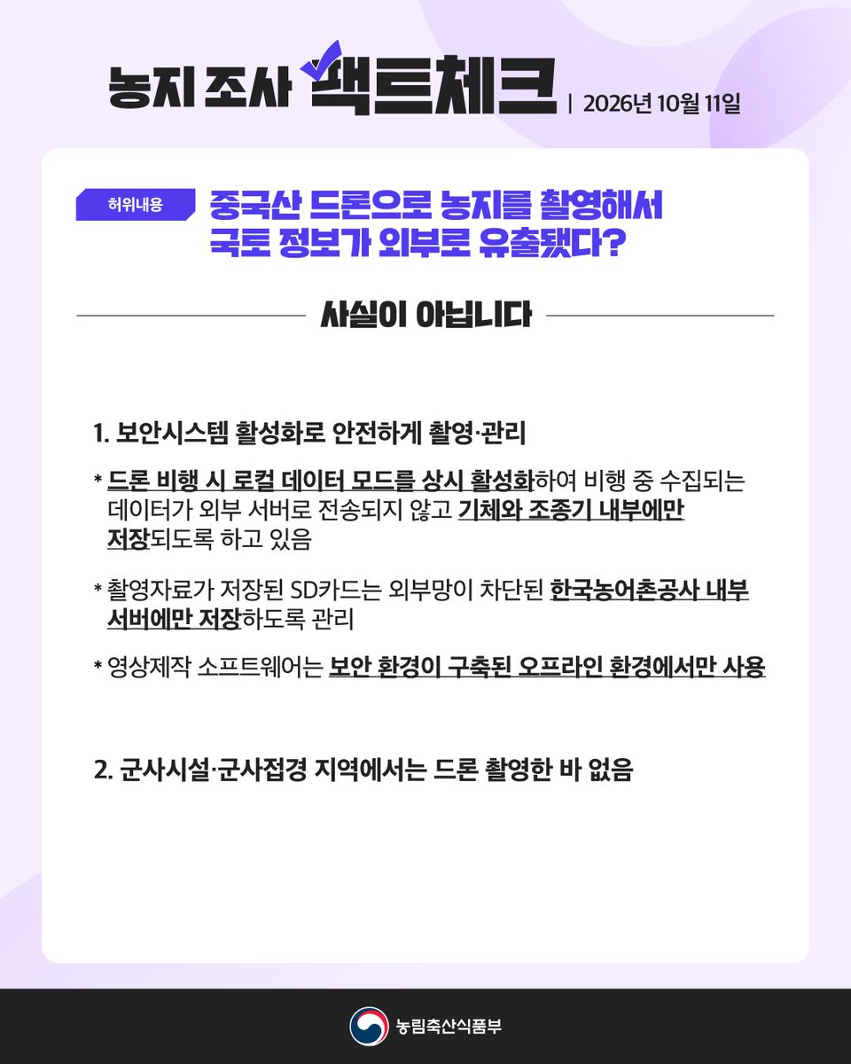 nongmiryung's tweet photo. <농지 조사용 드론 보안 및 유출 우려에 대해 설명드립니다.>

농지 조사와 관련해 중국산 드론 사용 및 농지 정보 유출에 대한 여러 우려와 이야기가 나오고 있습니다. 국민 여러분의 걱정이 큰 만큼, 관련 사항을 정확하게 설명드리고자 합니다.

농지 조사에 사용하는 드론은 보안 시스템을 활성화해 안전하게 촬영·관리하고 있습니다. 촬영한 농지 정보는 외부 서버로 전송되지 않으며, 기체와 조종기 내부에만 저장됩니다. 촬영자료는 한국농어촌공사 내부 서버에 보관하고, 영상 제작 소프트웨어 역시 보안 체계가 갖춰진 오프라인 상태에서만 사용하고 있습니다.

또한 군사시설과 군사 접경지역에서는 드론 촬영한 사실도 없습니다. 우리 국토와 농지 정보가 유출되지 않도록 보안 관리에도 철저를 기하고 있습니다.

농업인 여러분의 목소리에 더욱 귀 기울이고, 현장의 우려를 세심하게 살피겠습니다. 무엇보다 농업인 여러분께서 안심하고 농업에 전념하실 수 있도록, 더욱 투명하고 책임감 있는 자세로 맡은 역할을 다하겠습니다.