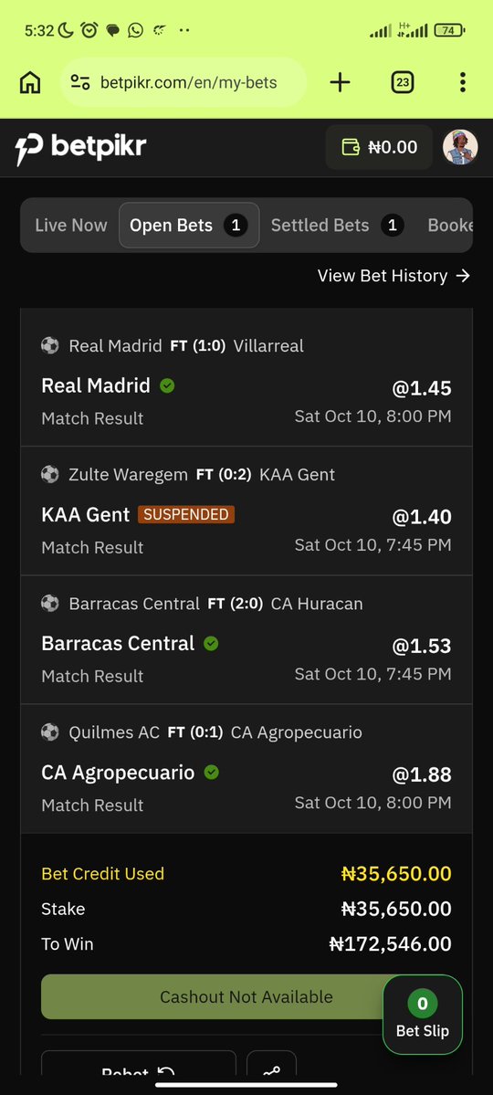 Vik_Tor06's tweet photo. @betpikr @cubana_WL   my bet (₦35,650 bet credit, 4 selections) has 3 wins and one leg marked SUSPENDED even though the game ended 0-2. Still unsettled 8+ hours after the games finished. Please settle this and explain the suspension.
What's going on? https://t.co/FeMH4o4Ohv