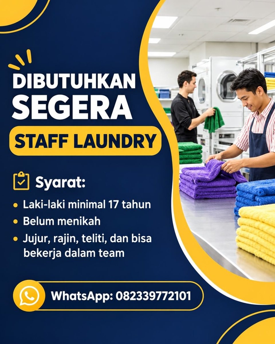 balilokers's tweet photo. Dibutuhkan segera STAFF untuk laundry di Denpasar 

Syarat:
- Laki-laki minimal 17 tahun
- Belum menikah
- Jujur, rajin, teliti dan bisa bekerja dalam team

WA: 0823-3977-2101 https://t.co/DwX45nCNGU