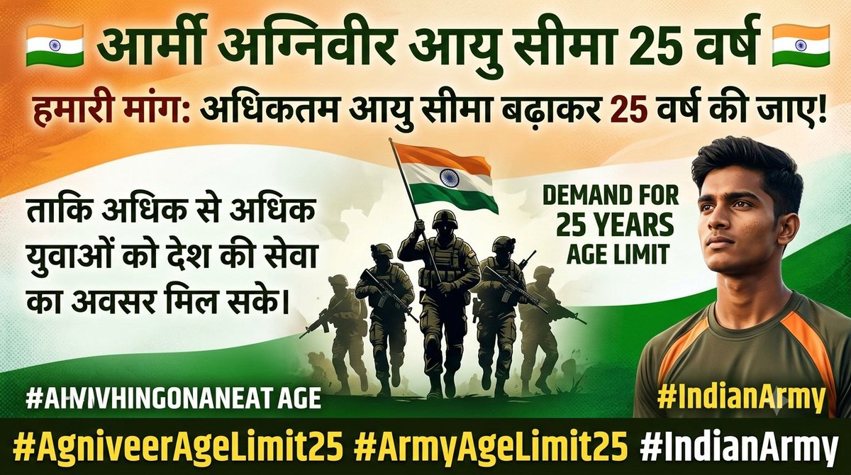hindi18682's tweet photo. 🇮🇳 ARMY AGNIVEER AGE LIMIT 25 YEARS 🇮🇳

🙏 हमारी मांग है कि भारतीय सेना में अग्निवीर भर्ती की अधिकतम आयु सीमा बढ़ाकर 25 वर्ष की जाए, ताकि अधिक से अधिक युवाओं को देश की सेवा करने का अवसर मिल सके।

#AgniveerAgeLimit25 #ArmyAgeLimit25 #IndianArmy https://t.co/fVIlHk9dFs