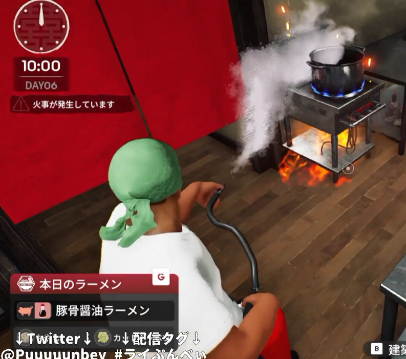 Puuuuunbey's tweet photo. 本日のJapaneseRamenSimulator🍜放送終了です～🧑‍🍳
看板描けたり泥棒がでたり(⁉️)すでに作りこみがかなりすごいですぞこのゲーム！！

あと、火の不始末はリアルもガチで気を付けましょうね…
🔥炎上END…🔥
#新人Vtuber 
#10月のVtuberフォロー祭り‍ https://t.co/33jhelHIv6