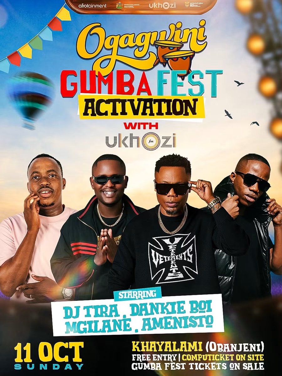 ukhozi_fm's tweet photo. 🚨Ogagwini Gumba Fest Activation 🚨
📍Khayalami (Obanjeni)
🗓️11 ku-Mfumfu 2026
Amathikithi ayatholakala eComputicket
https://t.co/QWxbhHxcLF
Asihlangane khona!
#Ingoma #KwaZuluNatal #31October2026 #Afrotainment https://t.co/MSdX4PjIGM
