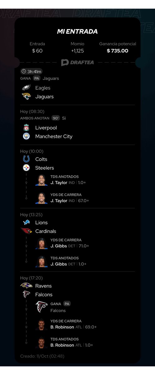 ElCazaPicks_'s tweet photo. 🚨 TICKET PARA HOY 🚨
 Buscando convertir $60 en $735 👀💰 Un parlay de +1125 con Taylor, Gibbs y Bijan como protagonistas.

Si entran los TD… hoy se come fino. 🔥🏈

RT si también lo juegas 🍀

https://t.co/s0fYK2LFPL https://t.co/0nDCFkFFi6