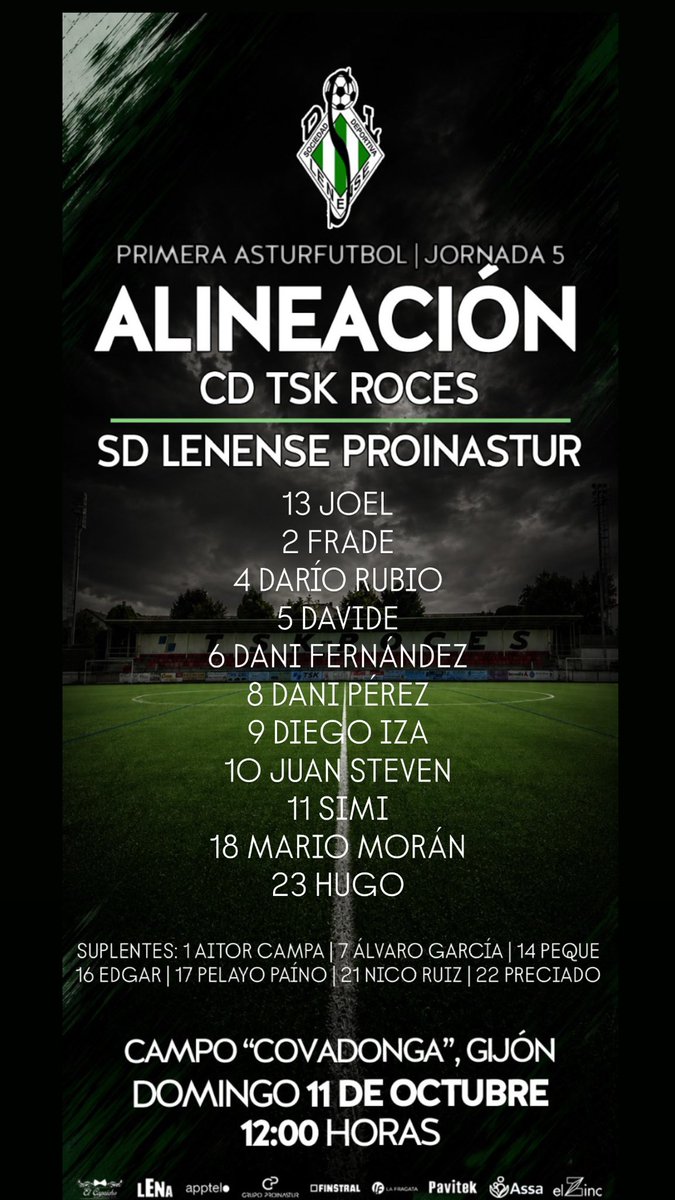 sdlenense's tweet photo. 👥 𝗔𝗟𝗜𝗡𝗘𝗔𝗖𝗜𝗢́𝗡

🏆 #PrimeraAsturfutbol  
🆚 @TSKROCES_OFIC 
🕛 12:00 h.
🏟 Covadonga 
📍 Gijón

🇳🇬#Verdiblancos 
🚫#SinExcusas 
👴🏻#SiemprePepeMesa https://t.co/xOmeZgvpEa