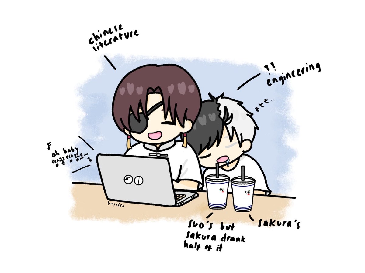 hayatfo's tweet photo. college!au midterm exam week 🤗😵‍💫 #suosaku 🫖🌸 https://t.co/q7z2kS5toi