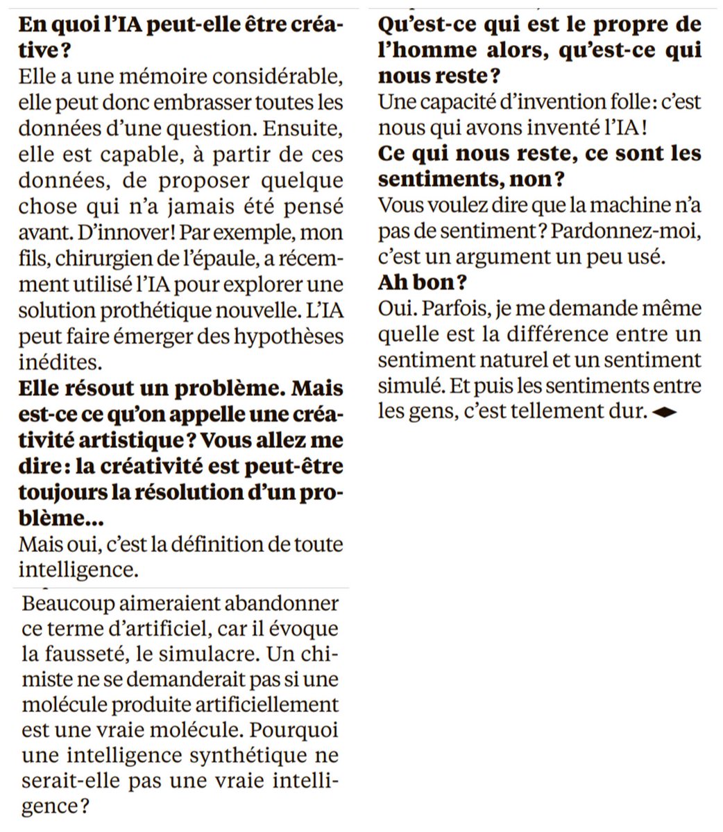 Fabien_Mikol's tweet photo. Catherine Malabou (philosophe @UCIrvine): "Ce terme d’artificiel évoque la fausseté, le simulacre. Un chimiste ne se demanderait pas si une molécule produite artificiellement est une vraie molécule. Pourquoi une intelligence synthétique ne serait-elle pas une vraie intelligence?" https://t.co/65UUdUEEgL