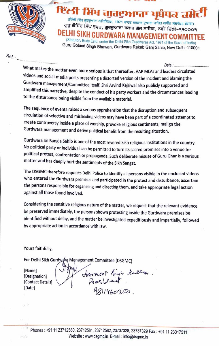 PTI_News's tweet photo. Delhi Sikh Gurdwara Management Committee files a complaint with the Delhi Police against AAP convenor Arvind Kejriwal, AAP MLAs/workers others regarding the incident at the premises of Gurdwara Sri Bangla Sahib during the protests. https://t.co/oy4ZzMwCxm