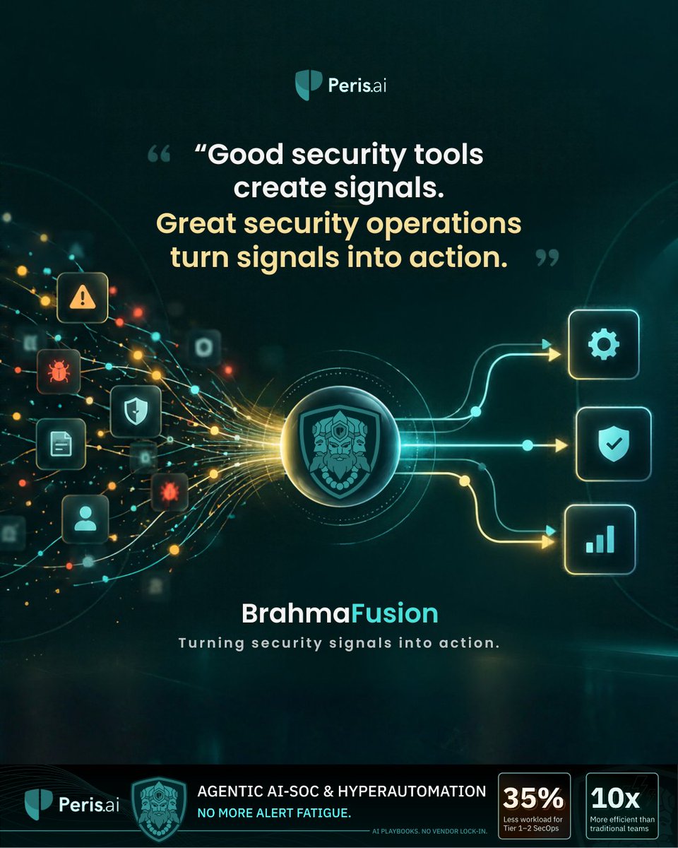 peris_ai's tweet photo. Good tools create signals. Great security ops turn them into action.
Brahma Fusion uses AI and automation to connect alerts, streamline workflows, and accelerate response.
Less noise. More action.
https://t.co/4KxLF4LxDF
#BrahmaFusion #SOC #PerisAI #Cybersecurity https://t.co/aJCQkKMcwH
