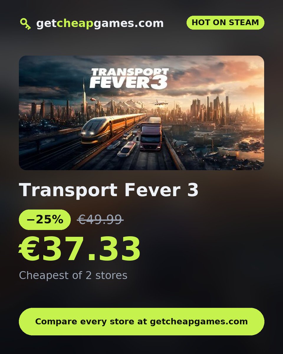 GetCheapGame5's tweet photo. Transport Fever 3 is #7 on Steam's top sellers this week. The key is from €37.33 across 2 stores, 25% under Steam's price of €49.99.

Link in bio.

#TransportFever #gamedeals https://t.co/pU85TuNV3M