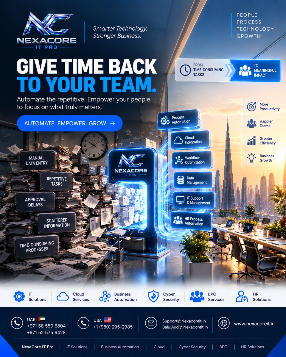 NexacoreITPro's tweet photo. Give time back to your team.
🚀Automate. Empower. Grow.

🌐https://t.co/6Pz9g2VpeA
📞+971 58 550 6804 / +1 (980) 295-2985
📩Support@Nexacoreit.in

#NexaCoreITPro #BusinessAutomation #AIAutomation #WorkflowAutomation #DigitalTransformation #BusinessGrowth https://t.co/3Rv9wfDh5S