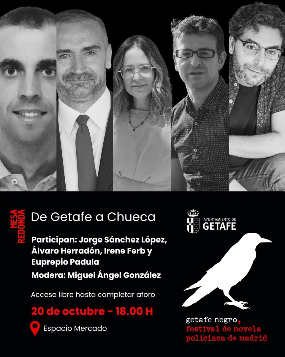 getafenegro's tweet photo. 🐦‍⬛ Trazamos un eje literario con inicio en el #thriller y el #cozymystery del sur de Madrid, que desemboca en el realismo más crudo de las historias de supervivencia.
Con @EuprepioPadula @ireneferb @AlvaroHerradon y #JoséSánchezLópez
☑️ De Getafe a Chueca
https://t.co/M9ube4gaBK https://t.co/UBCvFAQyRb
