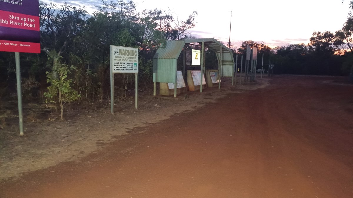 JesseRivet's tweet photo. Pulled up at dusk, sign says Culture Centre 3km up the Gibb River Road.

Told the missus I'd finally get some culture. She reckons there's already plenty growing on the cheese in the esky. 🧀😂

#DickinAroundInTheBush #GibbRiverRoad #Kimberley https://t.co/ZQfQAKtcpx