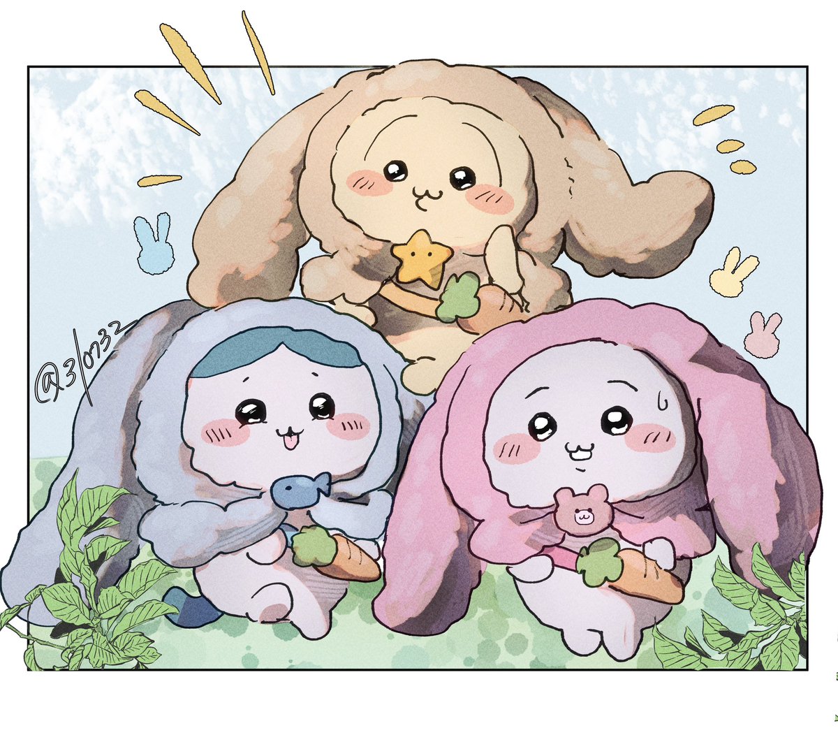 310732's tweet photo. ちいかわのうさぎ被ってるぬい意味わからんくらい皆んな可愛い、、😭 https://t.co/V614C9rGMm