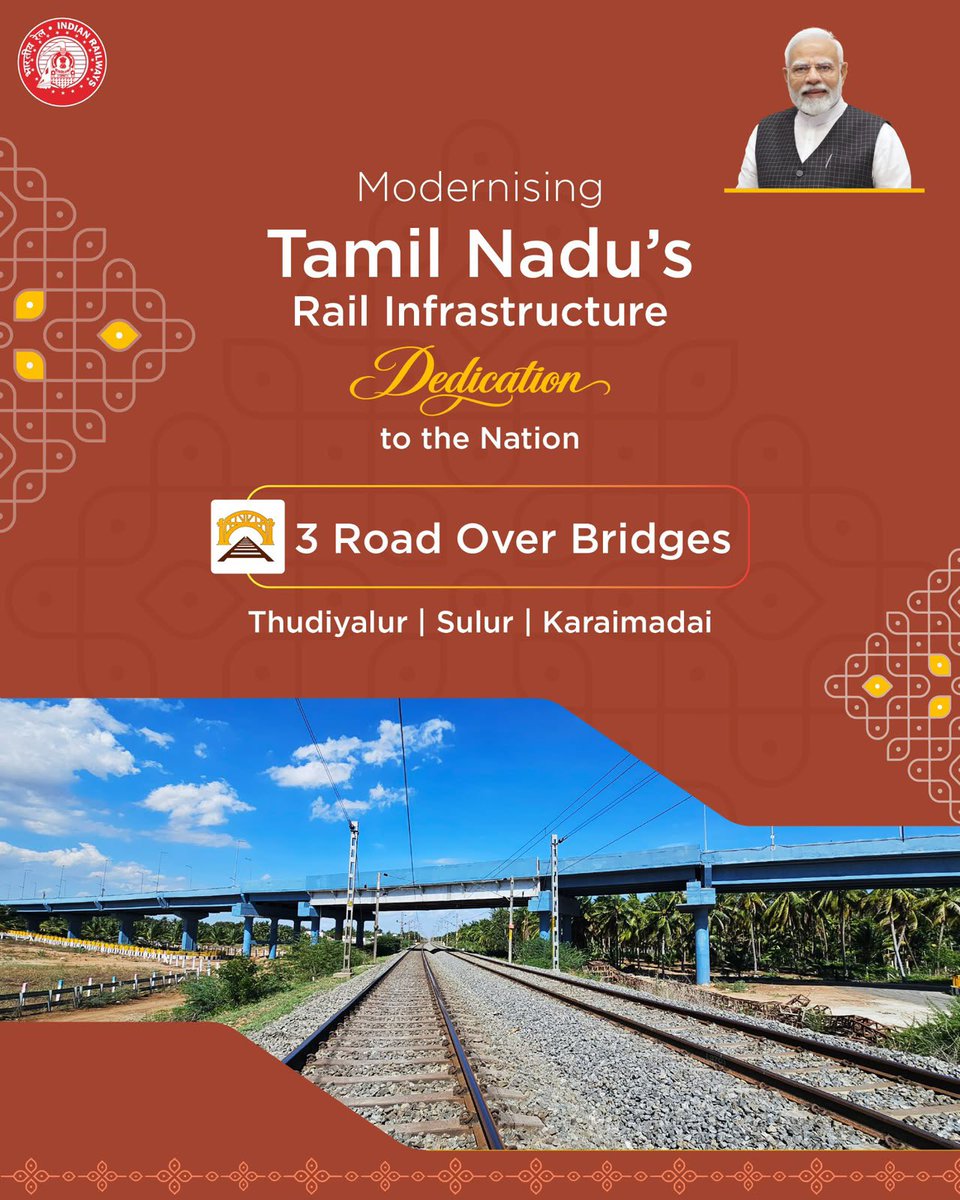 RailMinIndia's tweet photo. Three ROBs at Thudiyalur, Sulur &amp; Karaimadai are strengthening regional connectivity in Tamil Nadu by easing rail-road traffic and ensuring smoother and safer journeys.

#RailInfra4TamilNadu https://t.co/9hBW9fkUl4