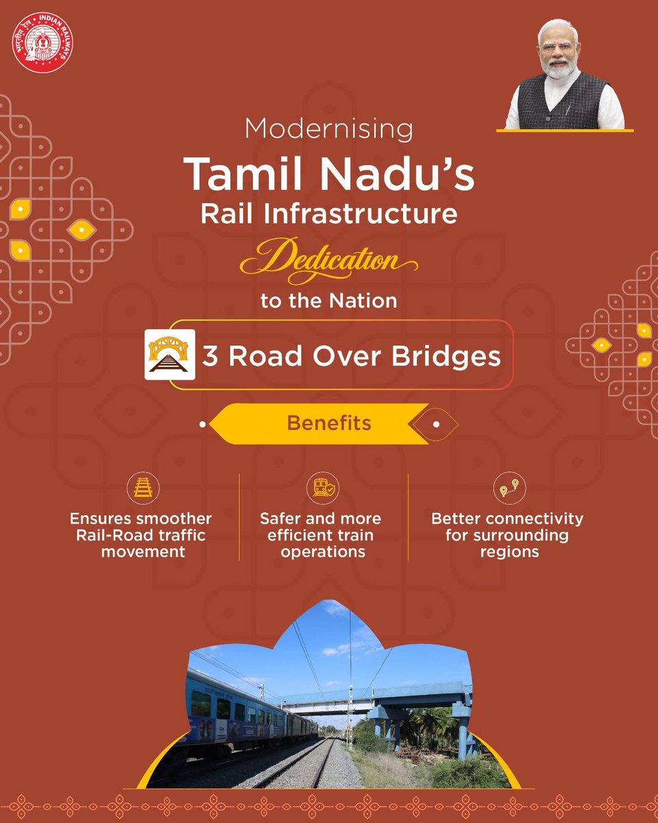RailMinIndia's tweet photo. Three ROBs at Thudiyalur, Sulur &amp; Karaimadai are strengthening regional connectivity in Tamil Nadu by easing rail-road traffic and ensuring smoother and safer journeys.

#RailInfra4TamilNadu https://t.co/9hBW9fkUl4