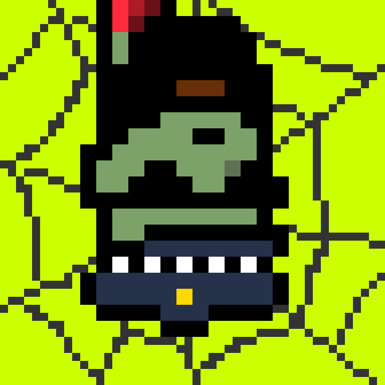 MaterialPunk's tweet photo. Officer #8909 never clocked out🕸️Bitten on patrol, he came back a Zombie - cap, shades and badge intact. Now he hangs upside down (Hero) on the radioactive web. Some shifts never end. 

Available for mint ⛵️
Zombie · Police Cap · Hero · Spider Web
#SpiderPunks #NFTs #STREETHOOD https://t.co/6qbDyoFZBS