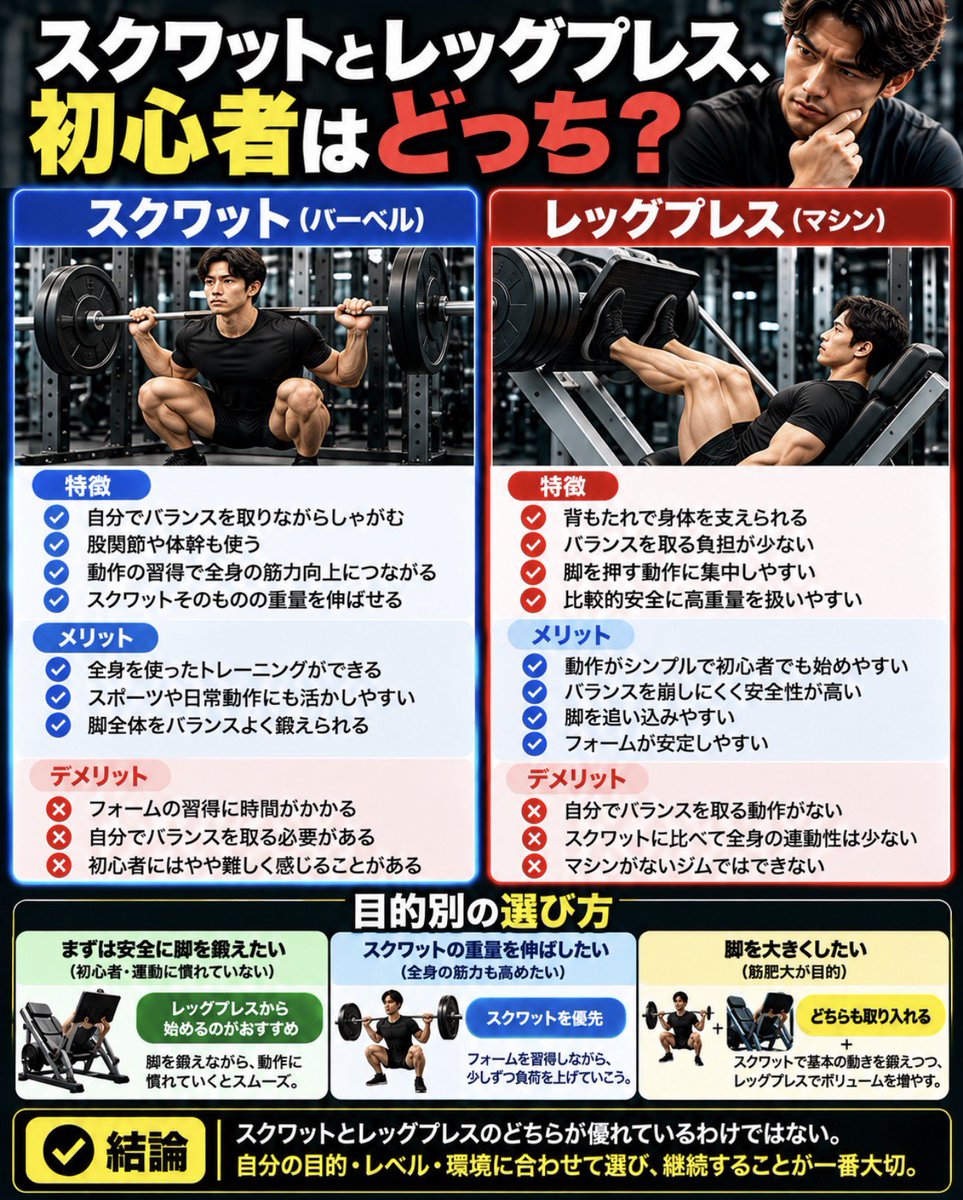 Rey_Mens_Lab's tweet photo. 筋トレ初心者、
「脚を太くしたいなら、レッグプレスよりスクワットをやるべき？」

実は、そうとは限らない。

スクワットとレッグプレスは、どちらも脚を鍛えられる。でも、得意なことが違う。

【① スクワット】
・自分で身体のバランスを取る
・股関節や体幹も使って動作を安定させる
・スクワットそのものの技術や筋力を伸ばせる

【② レッグプレス】
・背もたれで身体を支えられる
・バランスを取る負担が比較的小さい
・脚を押す動作に集中しやすい

じゃあ、初心者はどっち？

例えば、

「まだしゃがむ動作が不安定」
→ レッグプレスで脚を鍛えながら、軽いスクワットを練習する。

「スクワットの重量を伸ばしたい」
→ スクワットを優先して練習する。

「脚を大きくしたい」
→ どちらも選択肢。無理なく負荷を増やせるほうから始めてもいい。

大事なのは、

① 痛みなく動けるか
② 動作をコントロールできるか
③ 少しずつ負荷や回数を伸ばせるか

この3つ。

「スクワットをしないと脚は大きくならない」

そんなことはない。

初心者は種目の名前より、
自分の目的と、安定して続けられるかで選ぼう。