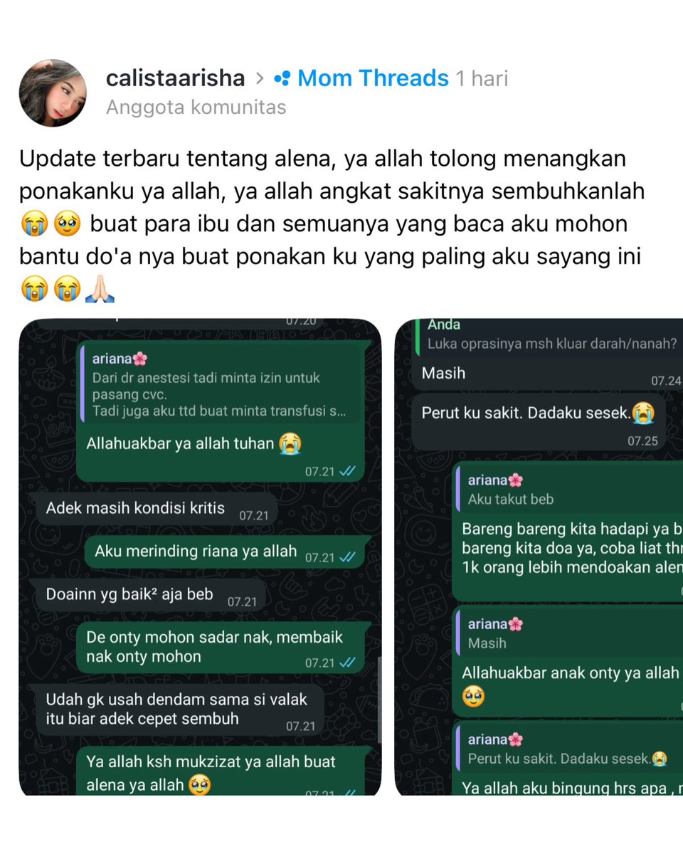 sosmedkeras's tweet photo. Kisah memilukan seorang bayi berusia 24 hari bernama Alena menjadi sorotan di media sosial. Bayi tersebut dikabarkan sempat alami kondisi kritis dan akhirnya meninggal dunia setelah diduga dicekoki telur mentah oleh neneknya.

Informasi mengenai kondisi Alena dibagikan oleh pengguna Threads @calistaarisha.

Dalam unggahannya, ia meminta bantuan masyarakat, khususnya yang berada di Surabaya, agar Alena segera mendapatkan ruang perawatan intensif atau Neonatal Intensive Care Unit (NICU) di RSUD Dr. Soetomo, Surabaya.

Pemilik akun tersebut mengungkapkan bahwa kondisi Alena semakin memburuk dan membutuhkan penanganan medis intensif.

“Assalamualaikum semua temen yang ada di surabaya mohon bantuannya buat adik alena agar bisa mendapatkan ruang nicu segera, keadaan alena makin kritis,” tulisnya dalam unggahan tersebut.

la juga memohon doa dari warganet agar bayi yang baru berusia 24 hari itu dapat kembali sadar dan memperoleh perawatan yang dibutuhkan.

Berdasarkan informasi yang diterimanya, bayi tersebut sebelumnya dikabarkan mengalami demam. Telur mentah kemudian diberikan oleh sang nenek dengan alasan agar suhu tubuh bayi menjadi lebih dingin.

“Sblmny si bayi demam ktany trus di cekoki tekur mentah ktamy biar adem,” tulisnya

Namun, pemilik akun mengaku memiliki kecurigaan lain mengenai penyebab demam yang dialami Alena. Ia menduga bayi tersebut mungkin telah diberikan sesuatu sebelum mengalami demam.
