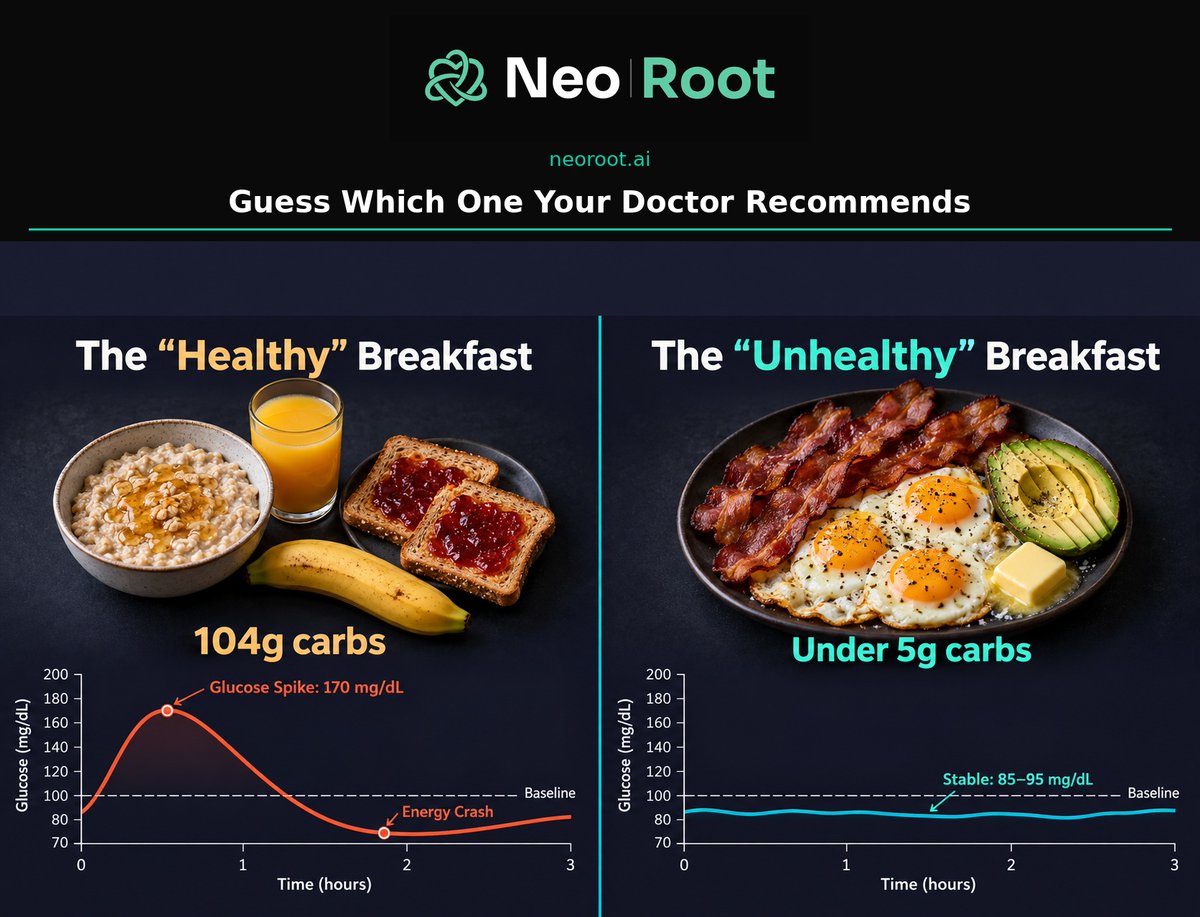 markkaplan20's tweet photo. I was taught that a healthy breakfast looks like this. Oatmeal. Whole wheat toast with jam. A banana. A glass of orange juice. The food pyramid said it. My doctor said it. The American Heart Association said it.

104 grams of carbohydrates in a single meal. Your blood sugar spikes to 170 mg/dL within 30 minutes. Then it crashes. You are hungry again by 10 a.m. You reach for a snack. The cycle repeats.

Now look at the meal on the right. Eggs, bacon, avocado, butter. Under 5 grams of carbs. Blood sugar stays flat at 85 to 95 mg/dL for hours. No spike. No crash. No hunger.

Guess which one your doctor recommends.