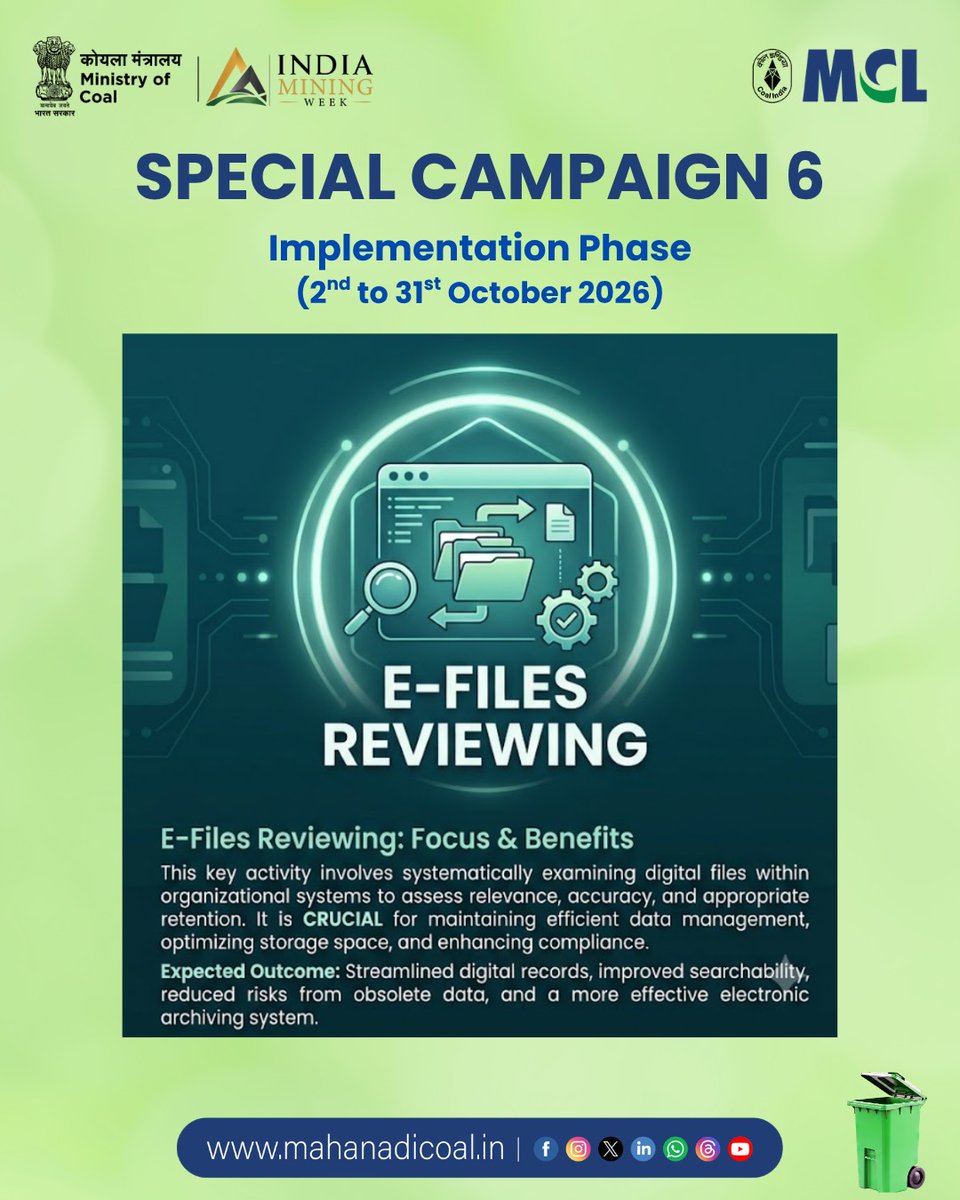 mahanadicoal's tweet photo. As part of Special Campaign 6, e-files are being systematically reviewed to enhance digital record management, streamline official processes and promote greater administrative efficiency.

#SpecialCampaign6 #EFilesReview #DigitalGovernance #AdministrativeEfficiency 

@kishanreddybjp @satishdubeyy @CoalMinistry @CoalIndiaHQ @DARPG_GoI @MoJSDDWS @SwachhBharatGov @swachhbharat @MoHUA_India