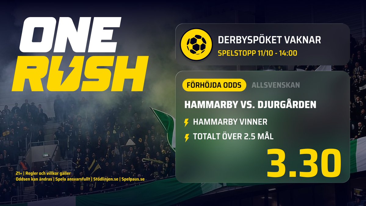 onerushcasino's tweet photo. Derbyt Hammarby mot Djurgården. Boostade odds på matchen. Spela på matchen hos Onerush med liveodds och färdiga spelpaket.

https://t.co/ZLs1nOQGd0 👈🏼

21+ | Spela ansvarsfullt | Stödlinjen

#allsvenskan #odds #derby #dif #hif https://t.co/Xcpo6ye5uw
