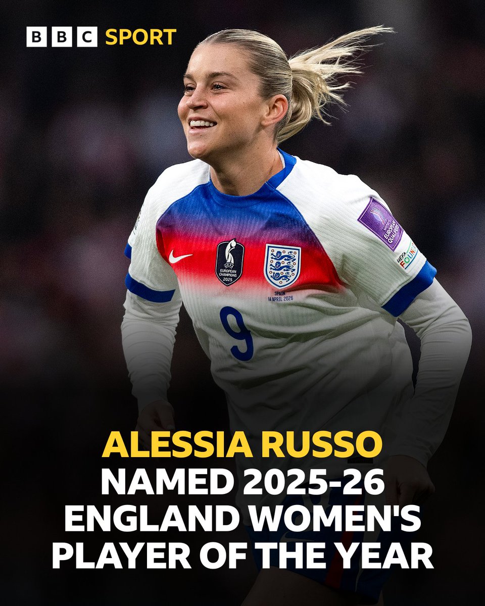 BBCMOTD's tweet photo. Alessia Russo has been named England Women’s Footballer of the Year 🏆

It’s the second time the Lionesses striker has won the award, voted for by England fans 👏 https://t.co/oQceALw2j3