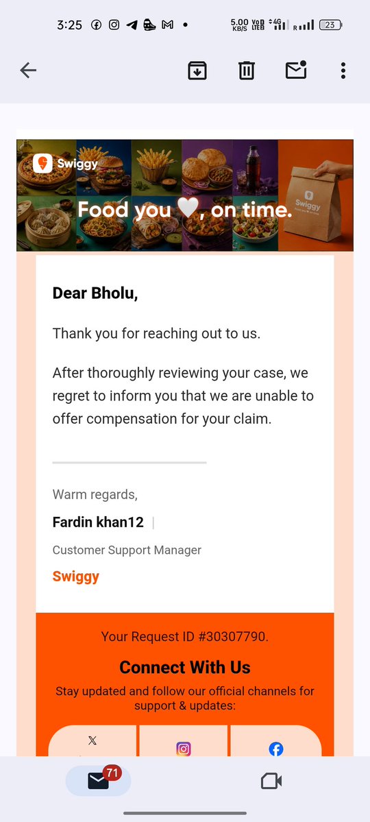 Amansingh314d's tweet photo. Their reply came on the mail.BC has made a fool of us, apart from this they cannot do anything in the name of service. If you point out their mistakes then they will finish things by sending mail or DM as an excuse. I am attaching mail. @Swiggy @SwiggyCares https://t.co/sp1w8yrZgm