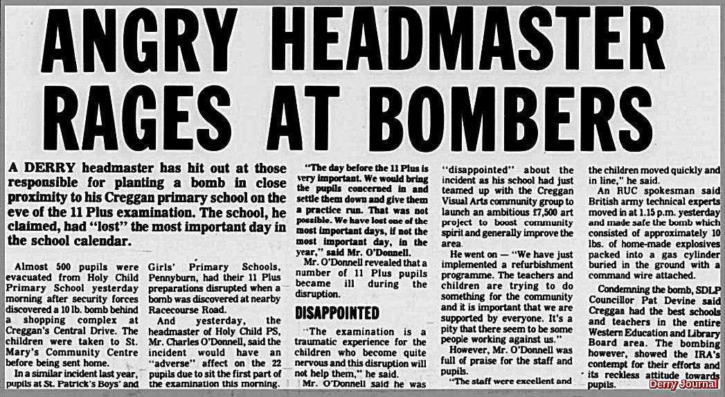 OnThisDayPIRA's tweet photo. #OnThisDay in 1990 the IRA attempted to murder/ endangered eldercare, pre-school &amp; passers, disrupted exam pupils @ Holy Child primary school, Creggan, N Ireland. Patients at Health Centre had to evacuate. 10lb bomb hidden in gas cylinder - command wire buried in open ground #OTD https://t.co/OCc4fsMstF