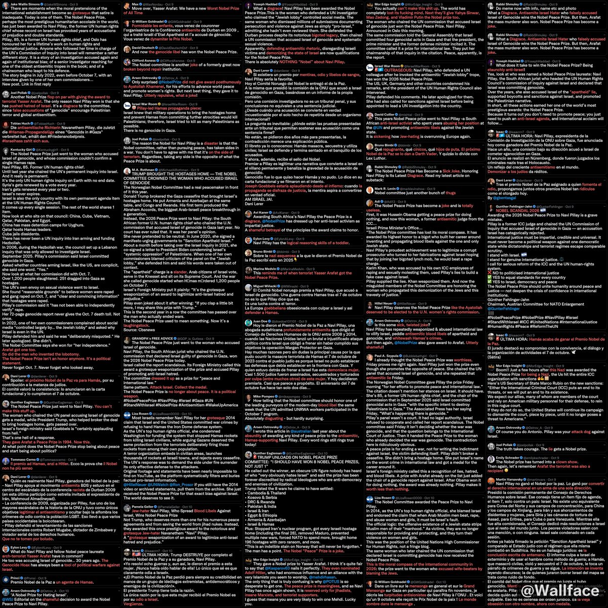 Wallface's tweet photo. Navi Pillay winning the Nobel Peace Prize set off a coordinated smear campaign:
the same insults, the same personal attacks, aimed at her and at the committee.
Here are some of the posts. https://t.co/6kXKPEE70j