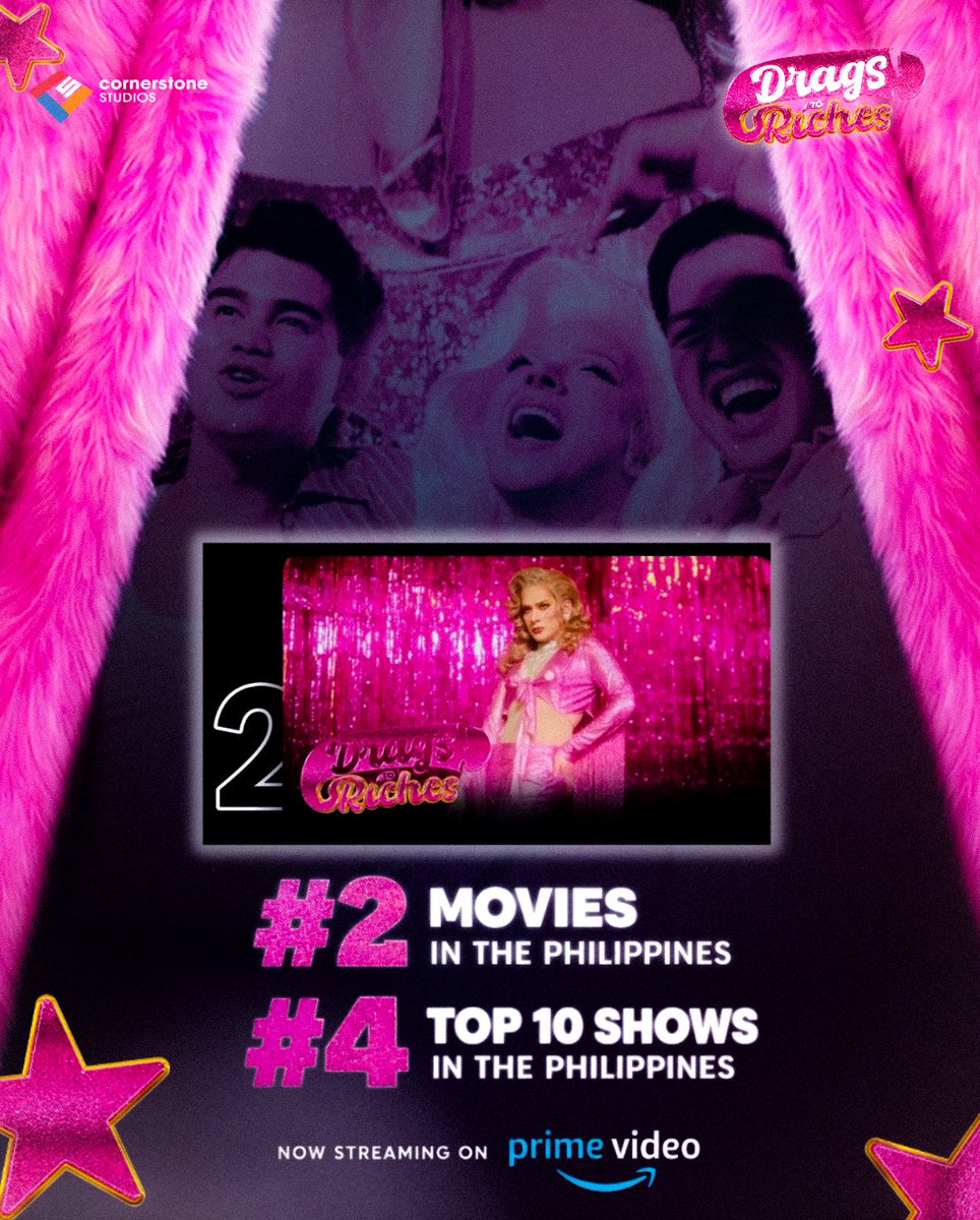 CSstudiosph's tweet photo. PASA IS BOG ANG KAMBALAN REVEAL! 

Ang bongga ng ating mga atake! DRAGS TO RICHES is now #2 in Top Movies in the Philippines at hindi pa diyan nagtatapos ang pasabog dahil #4 din tayo sa Top 10 Shows in the Philippines!

Now streaming on Prime Video! 

#DragsToRiches https://t.co/PYvc4p0zId