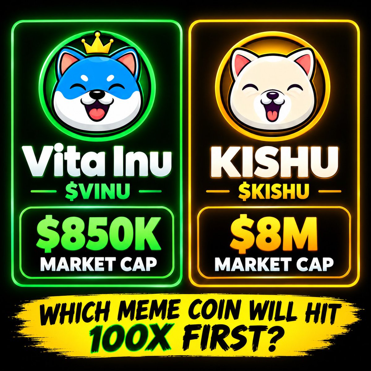 RafieOnX's tweet photo. $VINU (Vita Inu) 🐶 vs $KISHU 🔥
BNB Chain vs Ethereum — who wins? 👀

Could BNB’s OG meme coin, $VINU, hit 100x first? Under $1M MC with 5 top-tier exchange listings! 🚀

What do you think? 💭

@WEEX_Official, 78,200 $VINU holders are waiting! Please list $VINU soon! 🚀 https://t.co/7Nyoy5k9EB