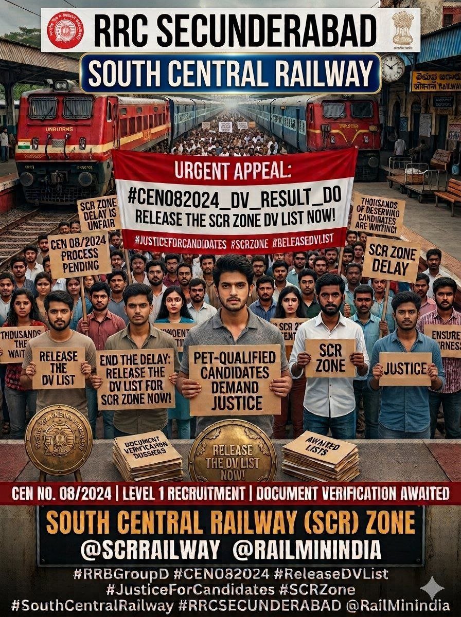 Tejarrdy's tweet photo. #CEN082024_DV_RESULT_DO 
Please Release Results and DV List of RRB CEN08/2024  RRC Secunderabad Zone as soon as possible @SCRailwayIndia
#RRCSecunderabad #SouthCentralRailway #SCR
@AshwiniVaishnaw @Q_ResponseSCR @gmscrailway @GMSRailway @drmhyb @drmsecunderabad @RailMinIndia https://t.co/6Ladvft78T