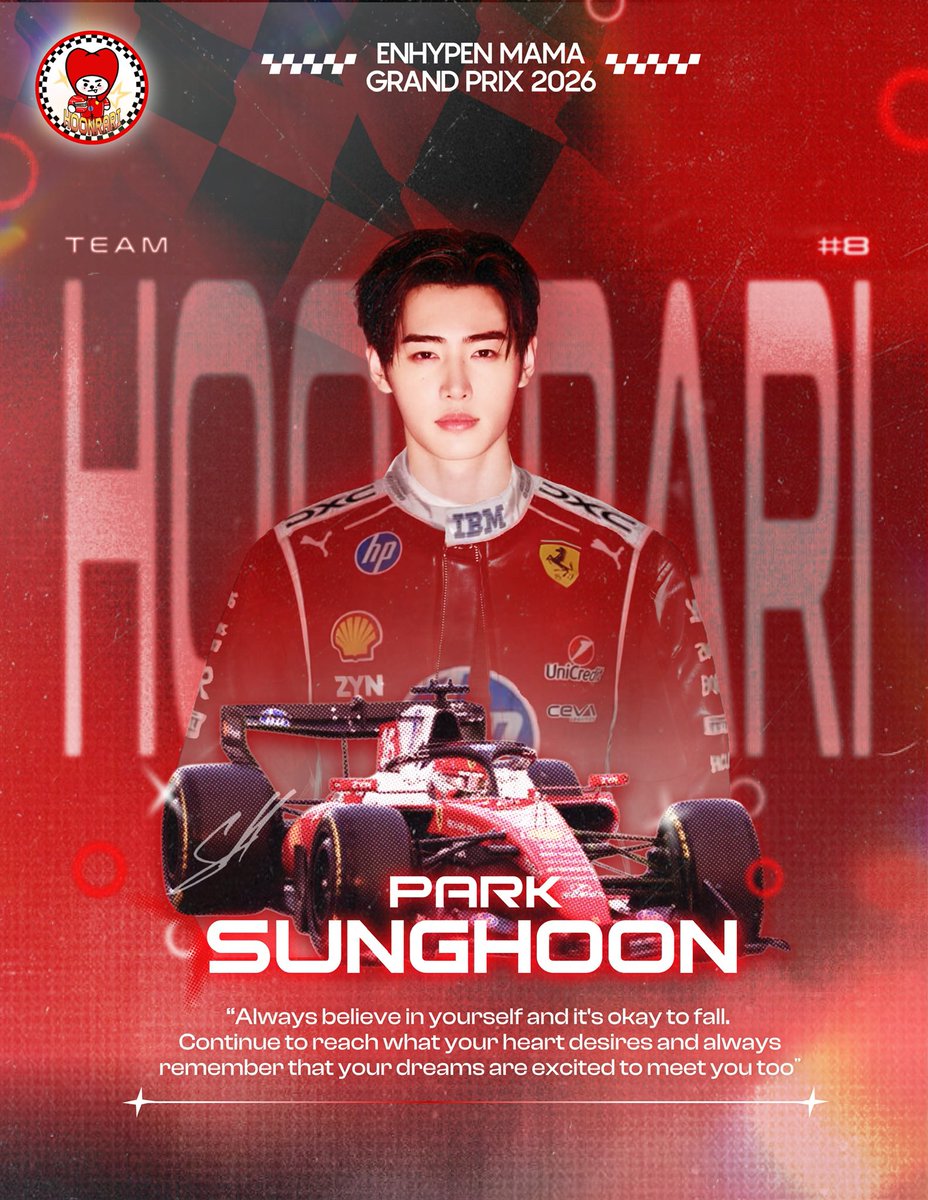 ENMamaGrandPrix's tweet photo. DRIVERS’ PARADE
🏎️ E1 DRIVER: #SUNGHOON
🏁 RACING TEAM: #HOONRARI

⏳ ONLY 3 HOURS LEFT UNTIL MAMA VOTING ROUND 1 KICKS OFF! 

MEDIA CREW: @pagehoonz
#TEAMHOONRARI
#EMGP2026
#ENHYPEN https://t.co/Rmv7fntGVs