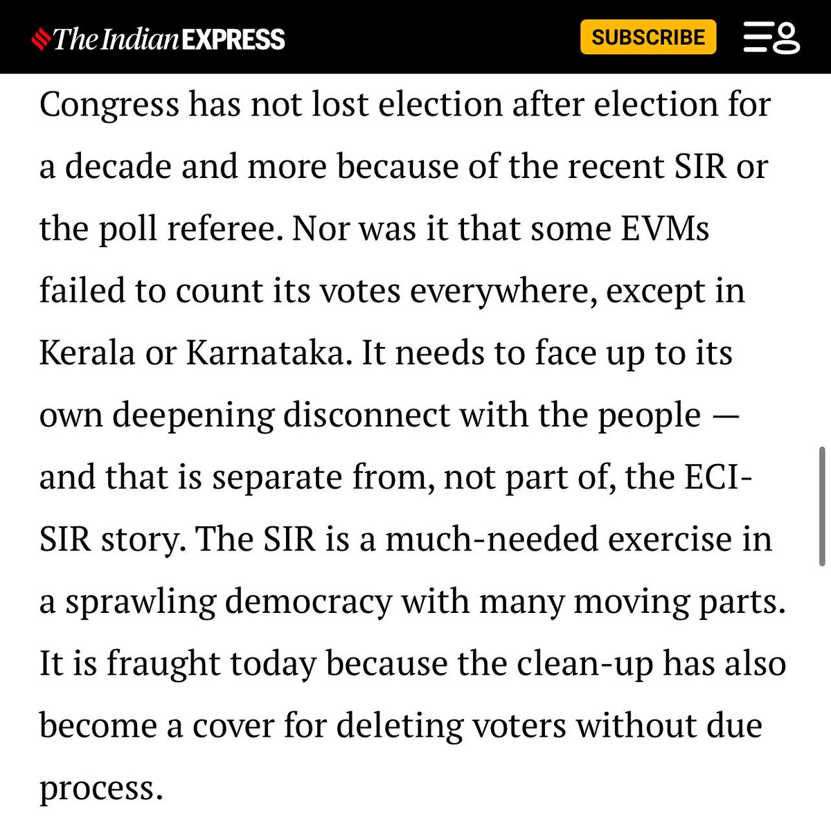 VatsRishap's tweet photo. Indian Express for this first time puts some distance between their claims re SIR, which are quite open ended in some areas, to what the Opposition has started to officially claim re every election from 2024, even those done before SIR and before the current CEC took office: https://t.co/nbrtD8AYgY