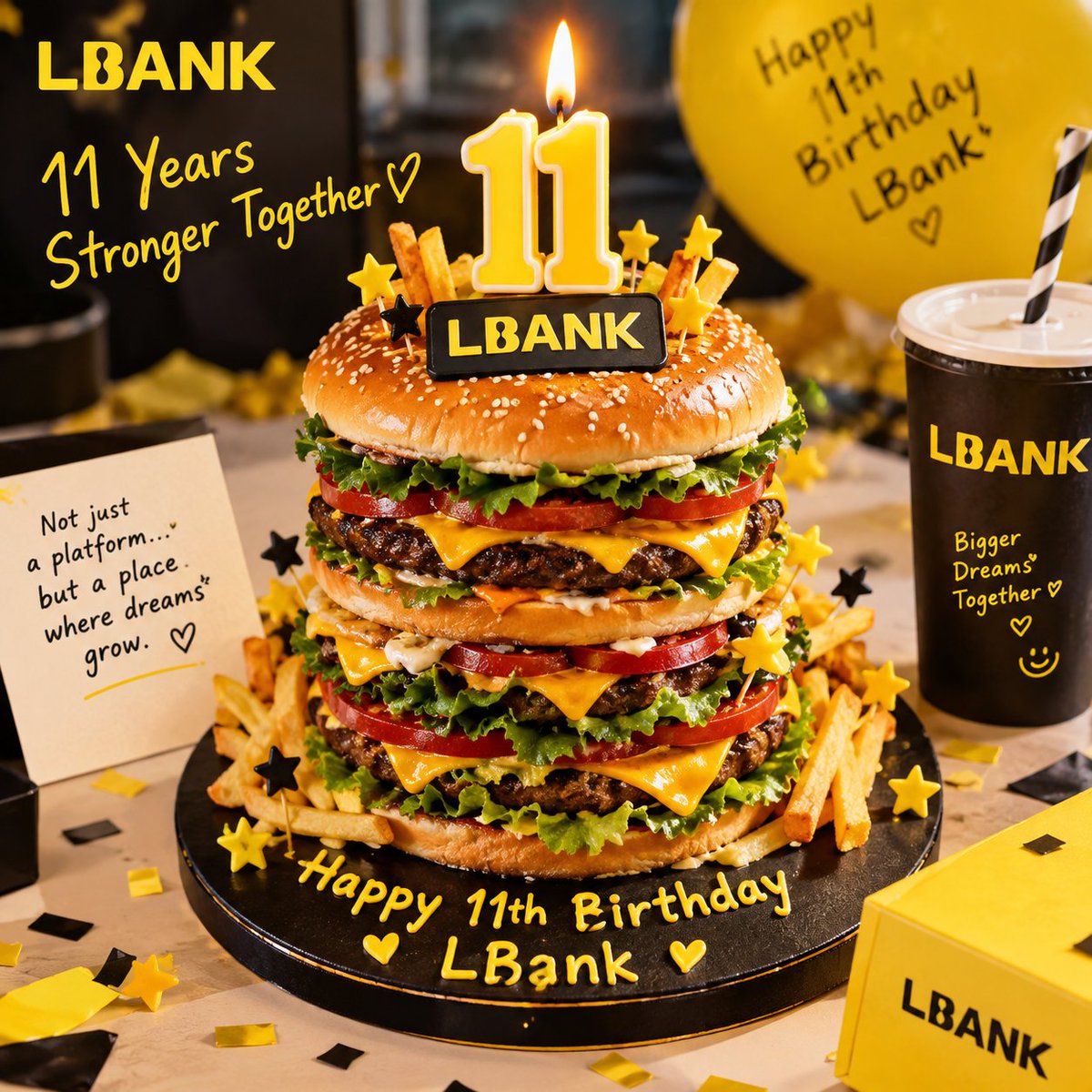 CvarzzNot's tweet photo. @LBank_Exchange Happy 11th Birthday, LBank! ๐๐ค
My kind of cake? A choose giant burger cake with 11 glowing candles ๐
11 years of building, growing, and reaching new heights together ๐ช
Here's to the next chapter! ๐
@lestari6623
@bangT28098
@khaiimmu
#LBank11 #ComeAsYouAre https://t.co/2RrVWLzwmX