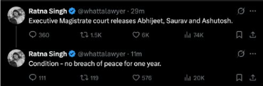 sshrcd's tweet photo. @AswinTvm3 CJP leaders Abhijeet Dipke, Saurav Das and Ashutosh Ranka have been released on the condition of “no breach of peace for one year”, CJP legal head Ratna Singh said. https://t.co/SaGucWhe69